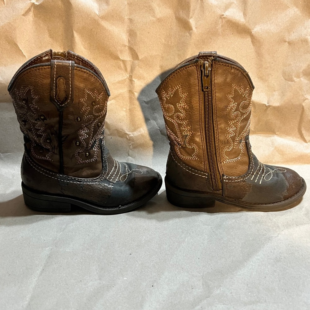 Cherokee Size 8 Toddler Cowboy Boots Brown Western Stitch Studded Side Zip - Picture 4 of 9